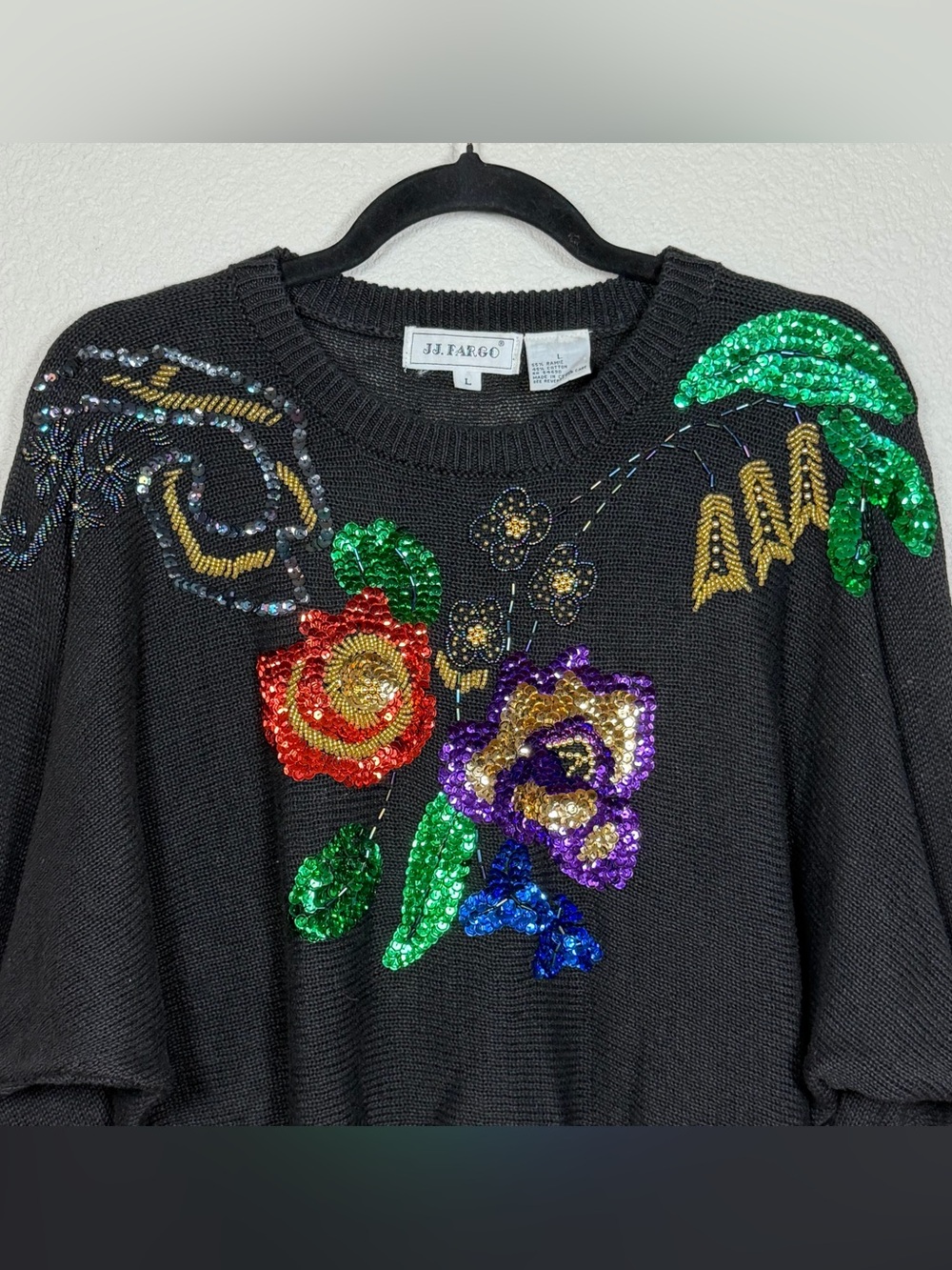 Vintage 1990s Floral Sequin Open Knit Sweater Dolman Sleeve Chic Glam City Sz LG